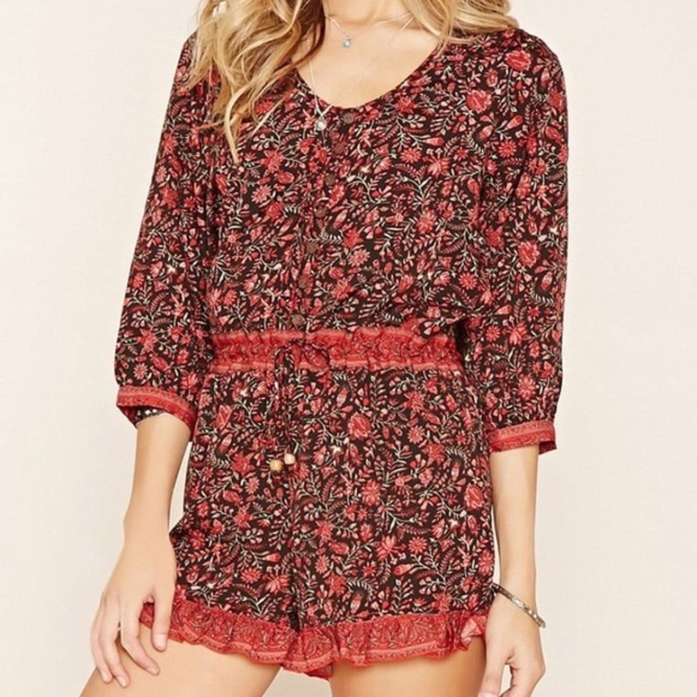 Raga Tie Waist Ruffle Trim Floral Romper Granada (Sz Small)